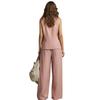 Damen 2-teiliges Leinen-Set Ärmelloses V-Ausschnitt Knopfleiste Tanktop und Weite Hosen Set Sommer Lässig Lounge Outfits