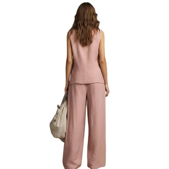 Damen 2-teiliges Leinen-Set Ärmelloses V-Ausschnitt Knopfleiste Tanktop und Weite Hosen Set Sommer Lässig Lounge Outfits