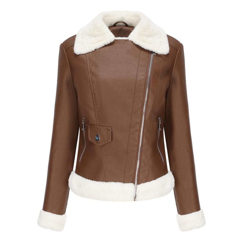 Ladies Jacket Fall and Winter Padded Leather Jacket Female Warm Long-sleeved Lapel Coat Commuter Casual Jacket