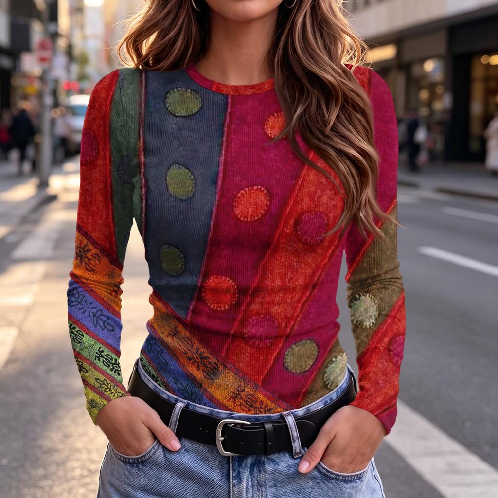 Women's Slim Fit Floral Long Sleeve Round Neck T-Shirt for Spring and Fall Everyday Wear