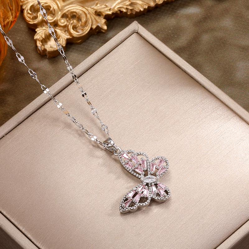Korean Fashion Rhinestone Butterfly Jewelry Set: Necklace, Ring & Earrings with Zircon Inlay - Fairy Style Elegance for Women.