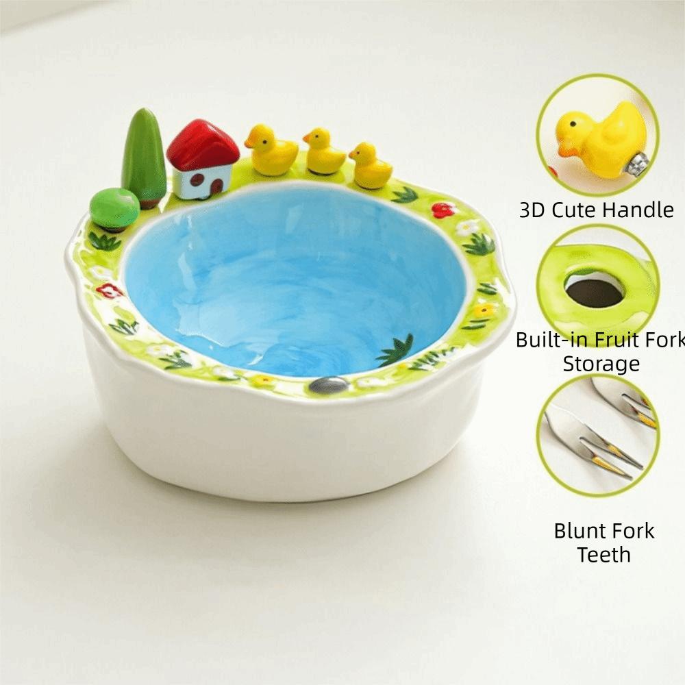 Little Duck House Shape Fruit Bowl with Fork Cartoon Snack Plate Creative Salad Plate Living Room