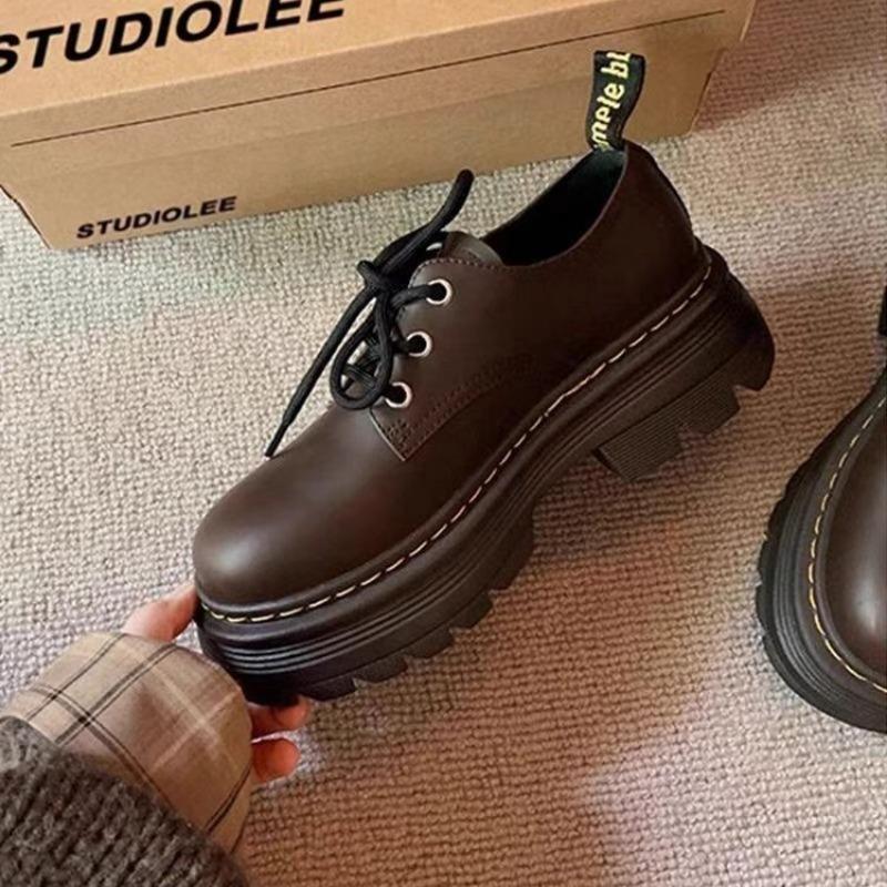 Autumn and Winter Small Leather Shoes New College Style Leather Shoes Round Head Retro Lace-up Low Heel JK Loafer Single Shoes Women