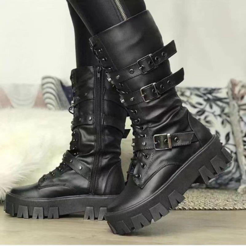 Ladies Punk Rock Platform High-heeled Boots with Thick-soled Handsome Side Zipper Chunky Boot Large Size Motorcycle Boots