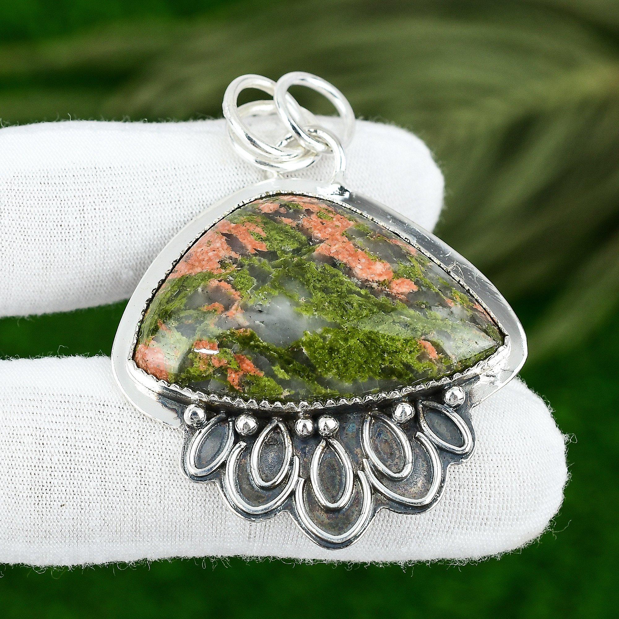 Trillion Natural Unakite 925 Sterling Silver Wife Bezel Artisan Wedding Pendant