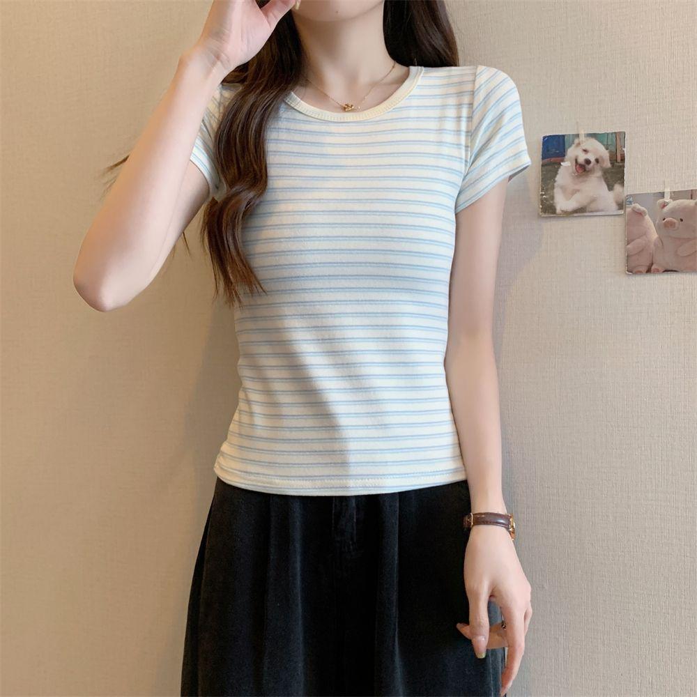 Korean Style Slim Fit Striped Short Sleeve T-shirt for Women