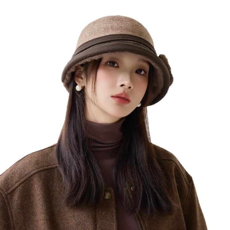 Casual thickened bow basin hat autumn and winter big head circumference plush hat outdoor versatile windproof warm hat women
