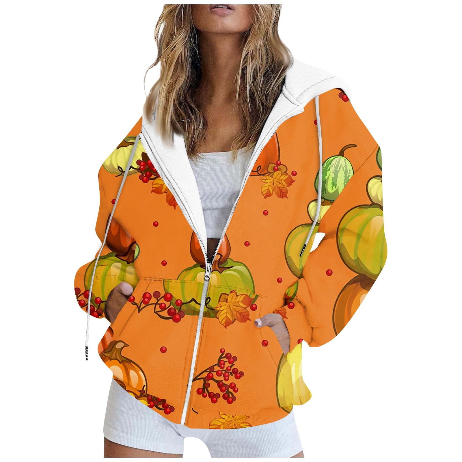 

Женская модная повседневная толстовка с принтом на Хэллоуин, длинный рукав с карманом, кардиган, куртка, пальто с капюшоном на молнии L оранжевый