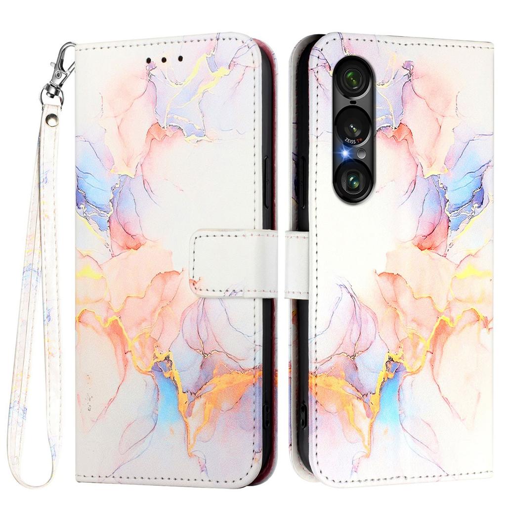 For Sony Xperia 1 VII Case with Strap Marble Pattern Leather Phone Cover Card Holder