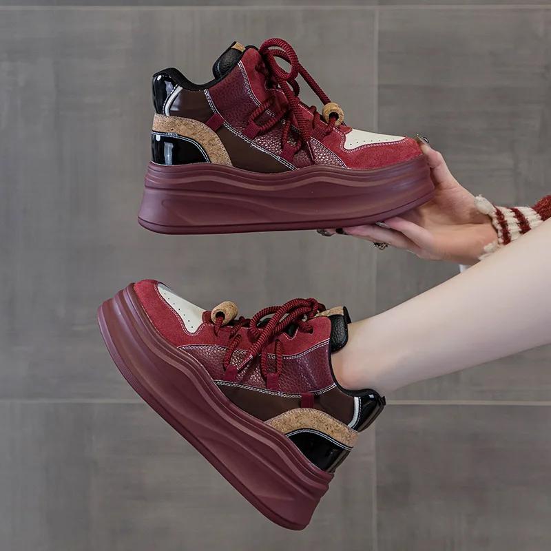 7CM Genuine Leather Platform Wedge Fashion Women Spring Comfy New Autumn Winter Chunky Sneakers Vulcanize Shoes Skateboard Shoes