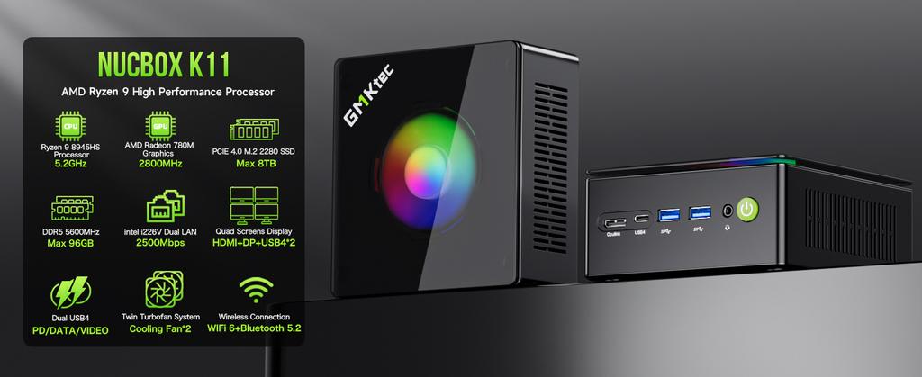GMKtec K11 Nucbox AMD R9 8945HS Mini PC DDR5 5600MHz SSD PCIe4.0 Win11 Pro Displej pro čtyři monitory OCulink Stolní herní počítač