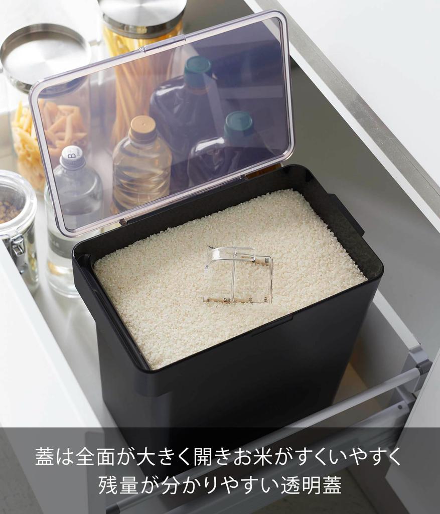 Yamazaki (Yamazaki Industries) Airtight Rice Bin, 10kg, with Measuring Cup, Black, Approx. W30.7 X D19.7 X H31.2cm, Tower Series, Moisture and Oxidati