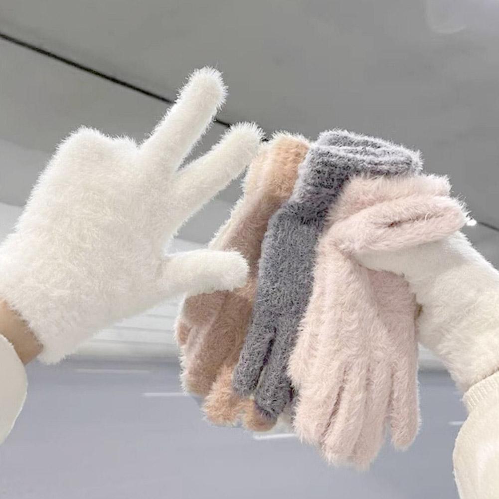 Fashion Winter Mink Velvet Five Finger Gloves Plush Warm Cold-proof Gloves Women Outdoors Cycling Solid Color Five Finger Gloves