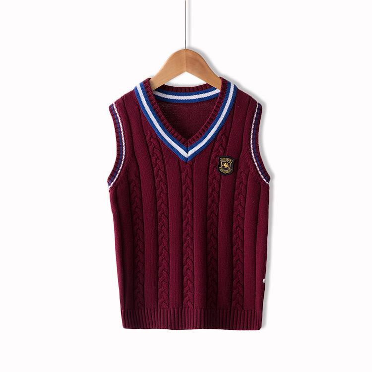 Children's Pure Cotton Preppy Knit Sweater Vest - Sleeveless Spring/Autumn School Uniform Style