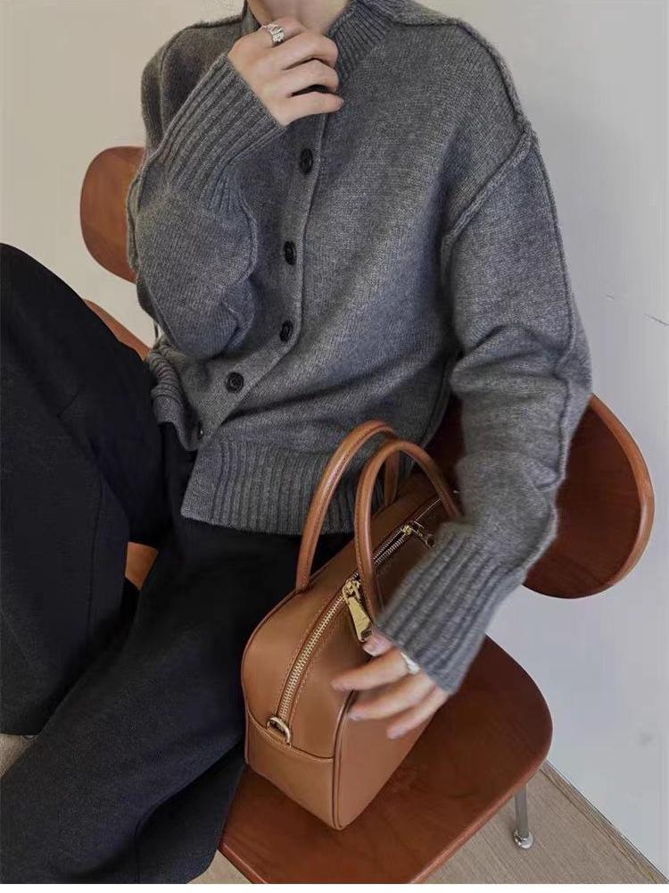 Women's French Retro Wool Cardigan - Irregular, Thick, Stand Collar Sweater for Autumn/Winter