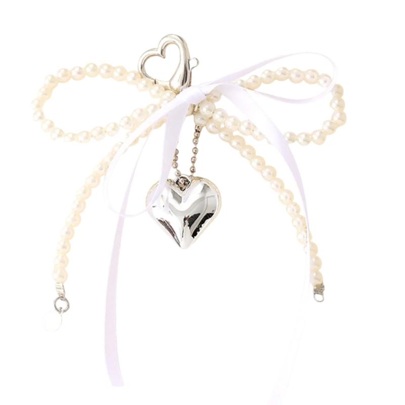 Elegant Pearls Bows Bag Pendant Practical Keychain Heart Shape Phone Ornament Keyring for Purse Handbag Decoration белый