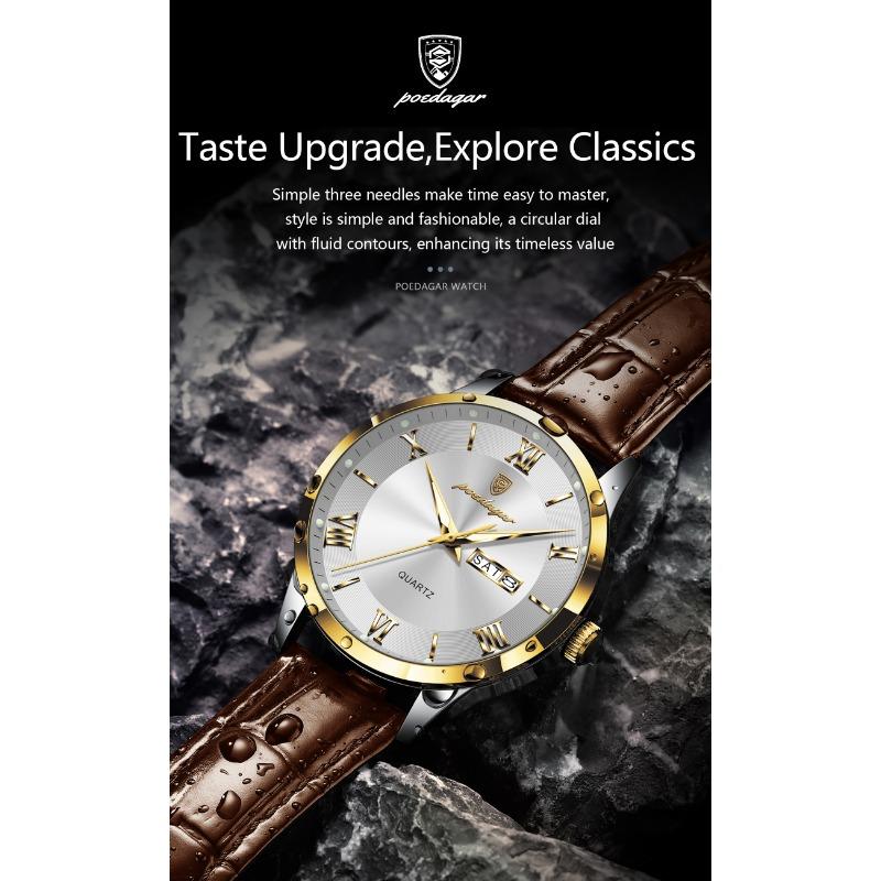 POEDAGAR Luxury Fashion Watch for Man Leather Date Week Casual Quartz Clock Waterproof Luminous Business Watches Reloj