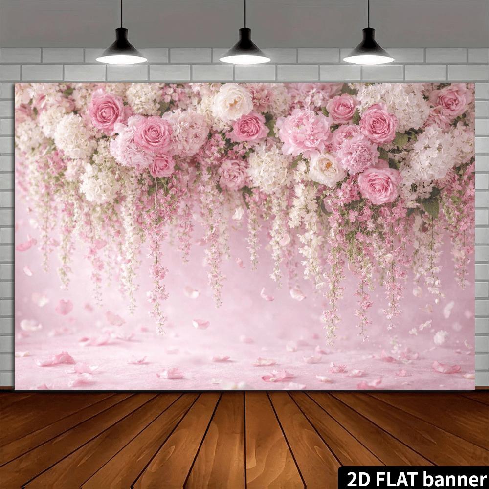 2D planar banner with pink hanging flowers as the background for the wall photography