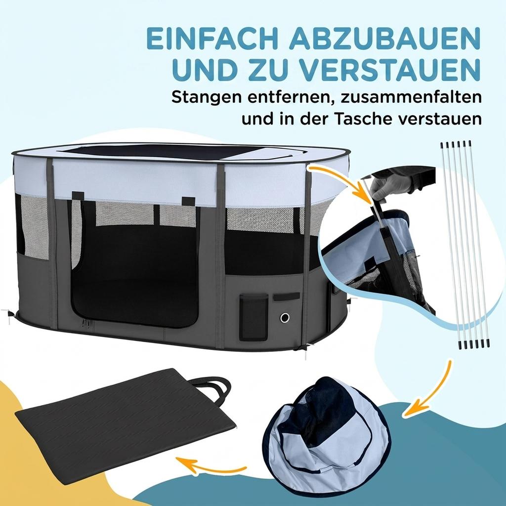 Foldable Dog Pen with Storage Bag for Indoor/Outdoor Use, Portable Pet playpen, with Ground Stakes - Grey