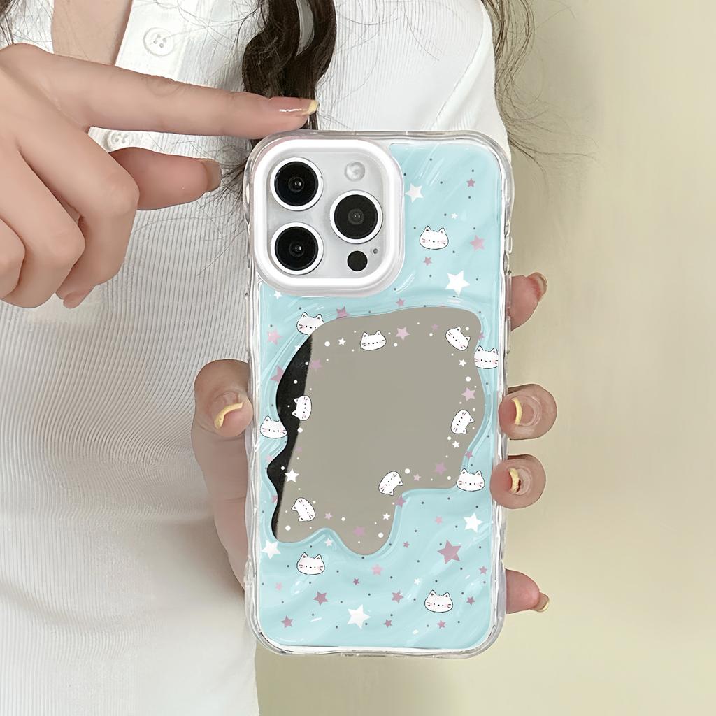 Cute Cat Wave Mirror Is Suitable for Apple 16/15/iphone13promax Huawei Makeup Mirror Mobile Phone Case