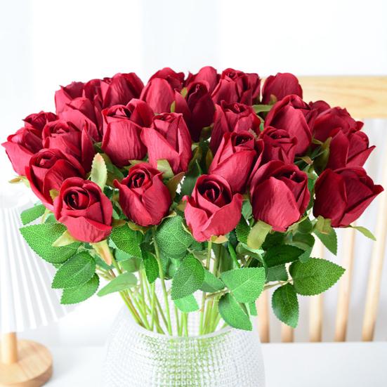 2 Pcs Artificial Rose Flowers Long Stem Fake Silk Rose Bud with Leaves for DIY Wedding Bouquet Table Centerpiece Home Decor
