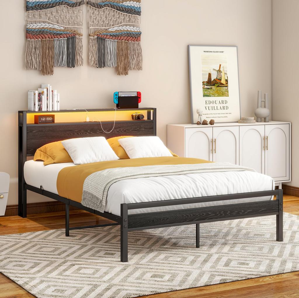 Bed 120x200 with Storage, Metal Bed Frame with USB Charging Function & LED Lighting, Modern Storage Bed with Headboard Shelf, Youth Bed/Guest Bed