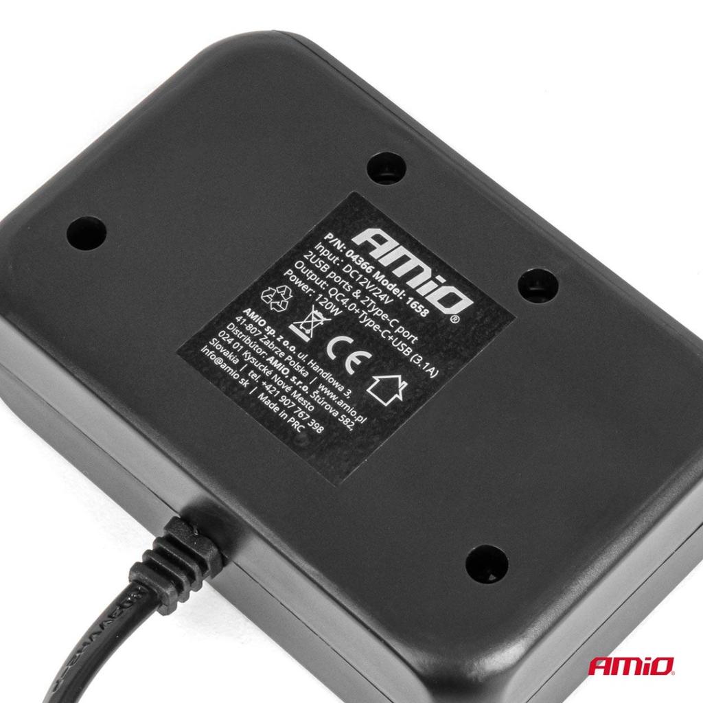 Cigarette lighter socket splitter with charger 2x USB-A 1x USB-C QC4.0 12V 24V 120W 80cm AMIO-04366