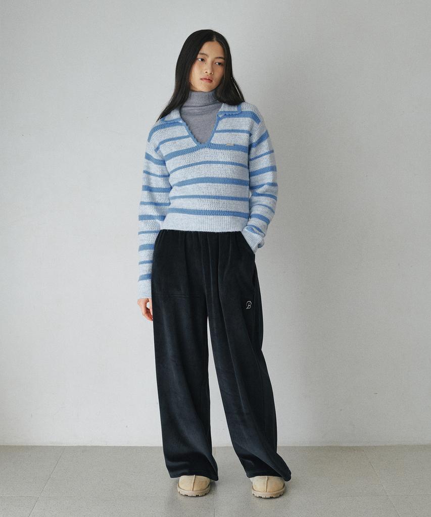 BELLOL Striped Open Collar Slim Fit Long Sleeve Knit Blue
