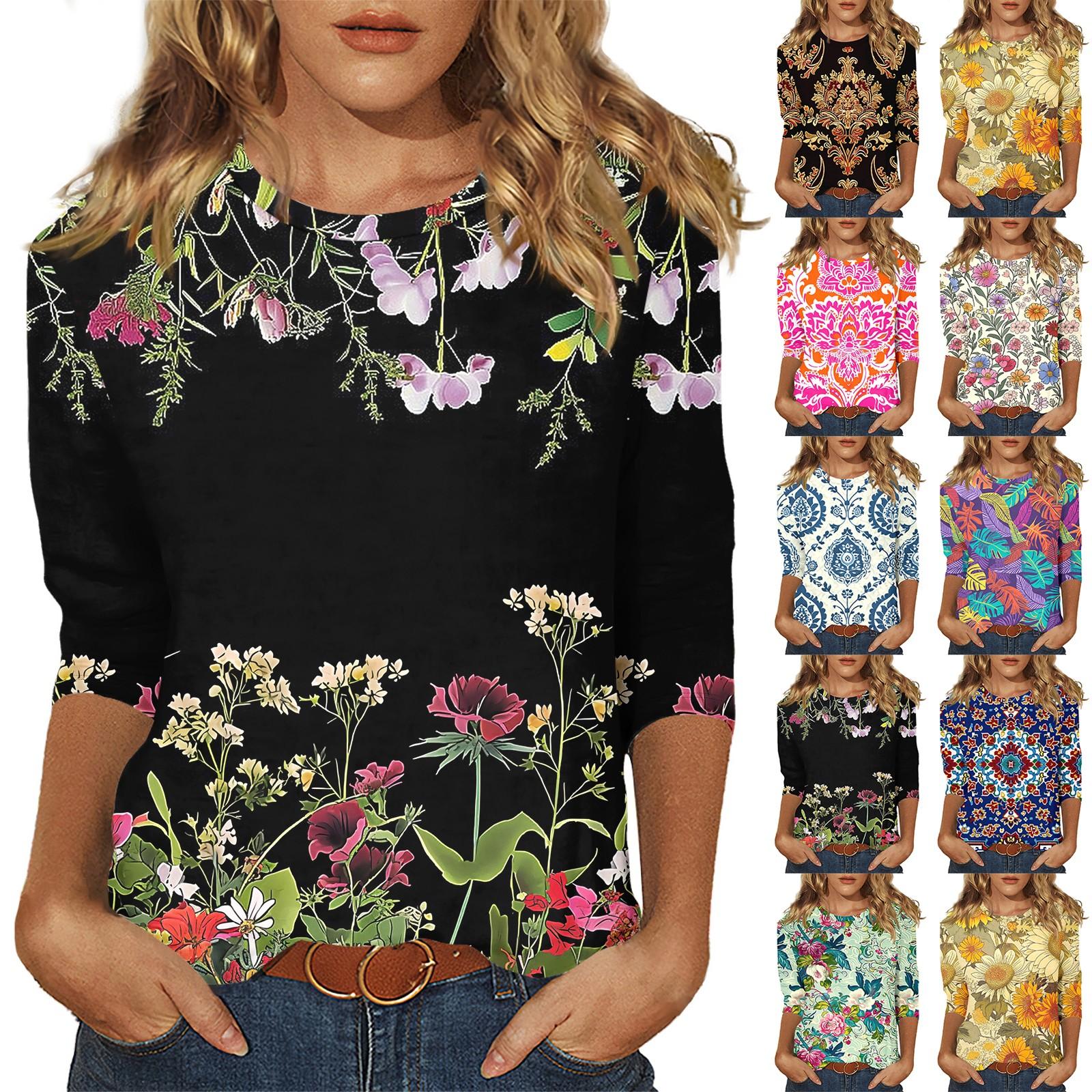 

Рубашки с рукавом 3/4 для женщин, футболки с принтом, блузки, повседневные базовые топы больших размеров, пуловеры