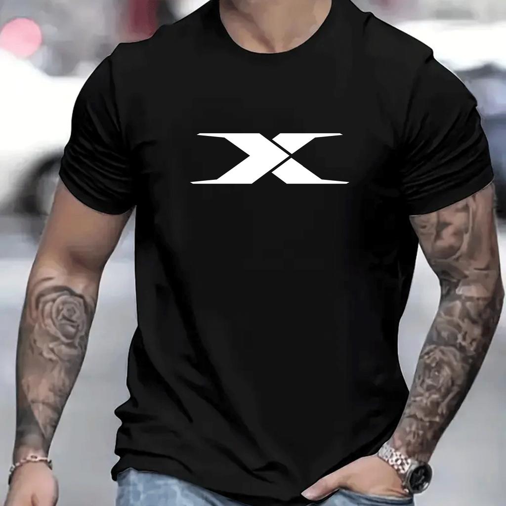 Cotton Summer Men's 100% Cotton Casual Loose Fit Large X Letter Print Round Neck Short Sleeved T-shirt Top High Street Unisex Style