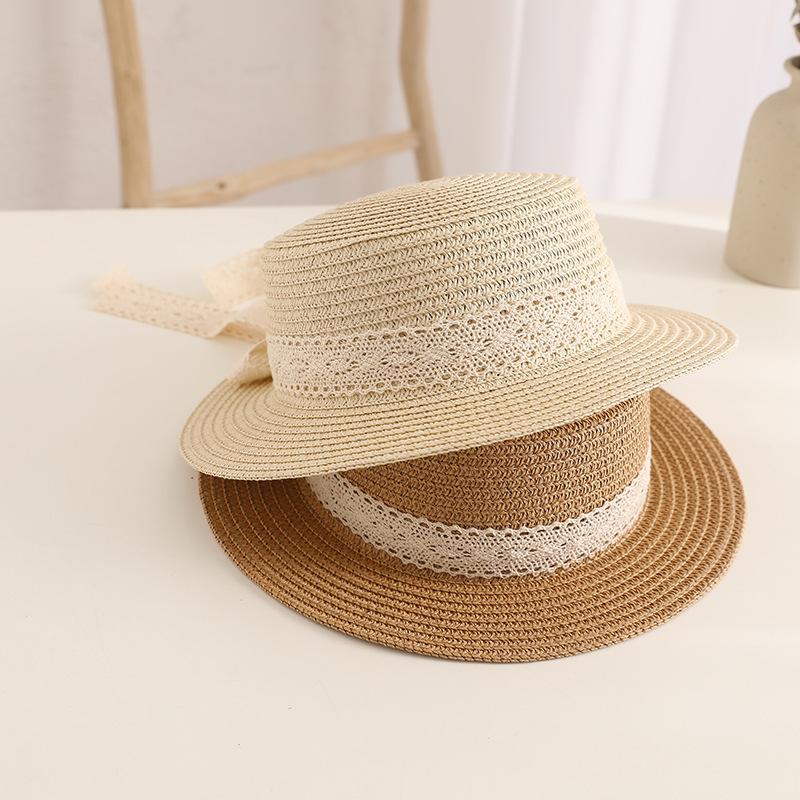 Baby Lace Bowknot Straw Hat Toddler Sun Hat Girls' Beach Hat British Style Top Hat Flat Top Sun Cap
