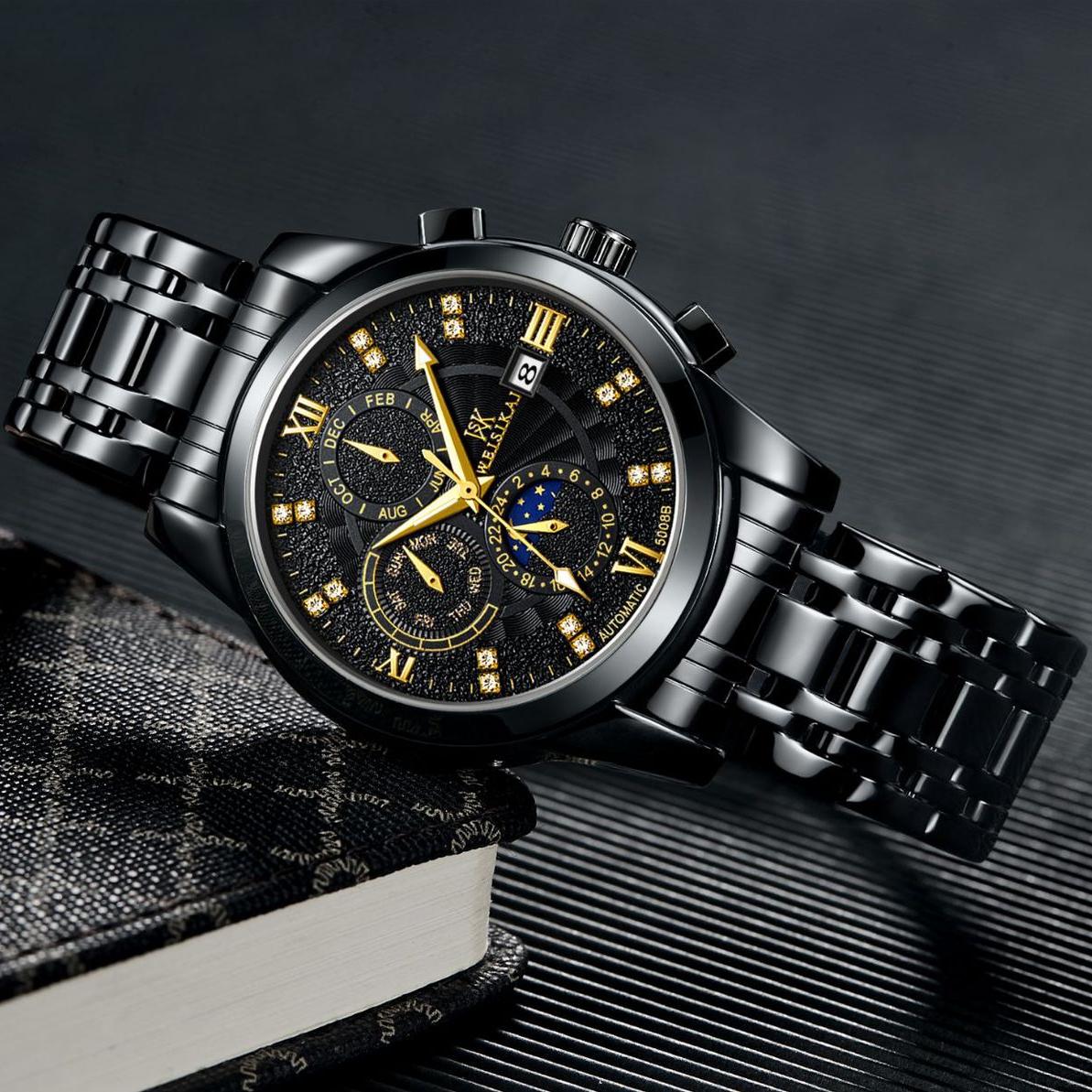 

WEISIKAI 5008B Мужские часы Новые роскошные мужские часы высшего бренда с коробкой Водонепроницаемые светящиеся календари Автоматические мужские механические часы золотой/чёрный