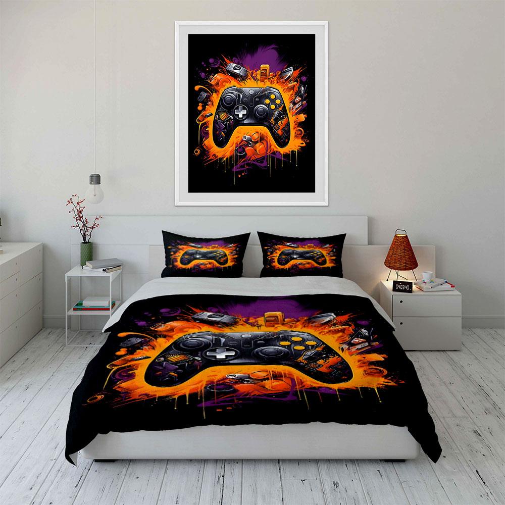Game Controller with Vibrant Splash Art Bedding Set for Kids Luxury Gift 3pcs Digital Print Comforter Set Soft Comfortable