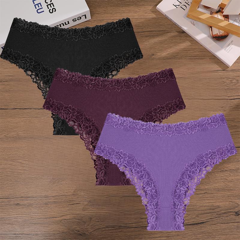 FINETOO 3Pcs Women Cotton Lace Panties Floral Intimate Briefs High Waist Brazilian Panties Female Soft Underpants Lingerie S-XXL
