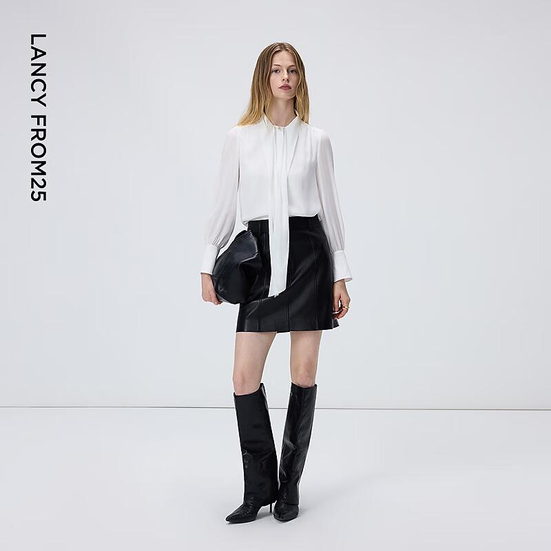 Langzi Women's White Tie-Neck Long Sleeve Blouse