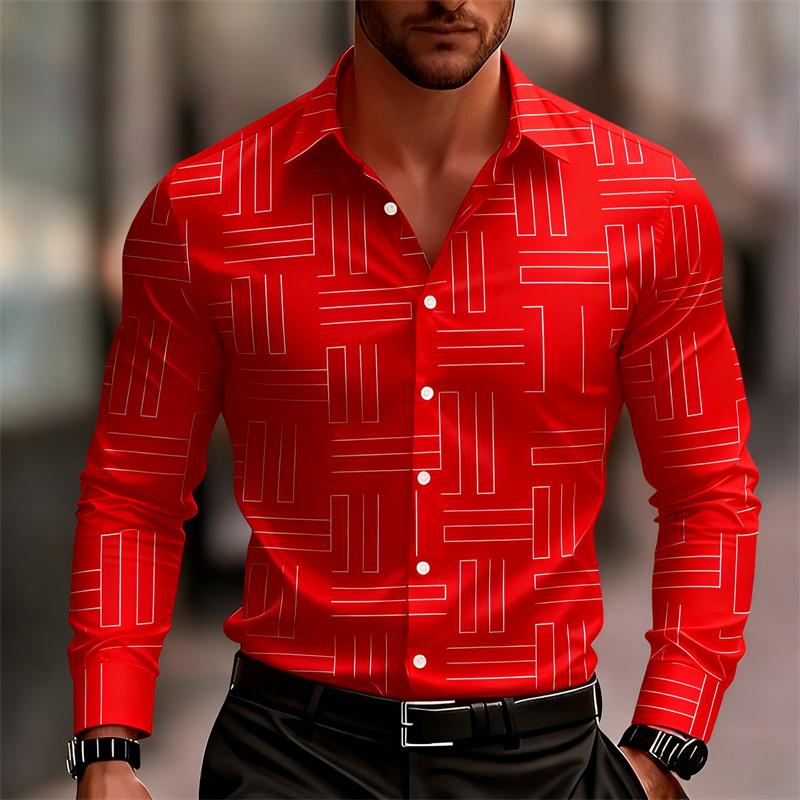 Men's Casual Long-Sleeve Slim Fit Black Geometric Pattern Breathable Versatile Formal Shirt Fashion Outdoor Men's Top