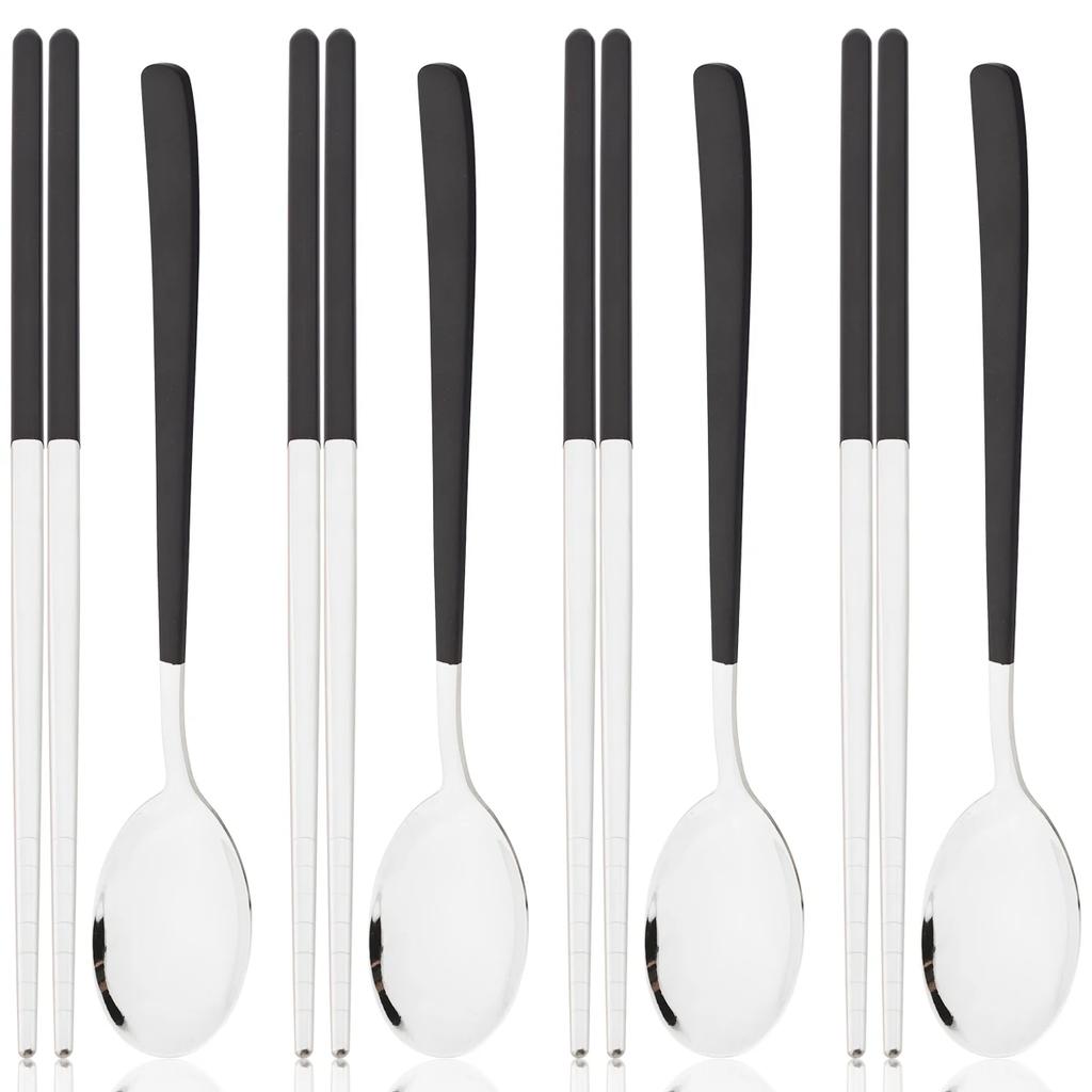 8pcs Gold Stainless Steel Cutlery Set Western Mirror Flatware Set Korean Style Spoon Chopsticks Dinnerware Set Kitchen Tableware