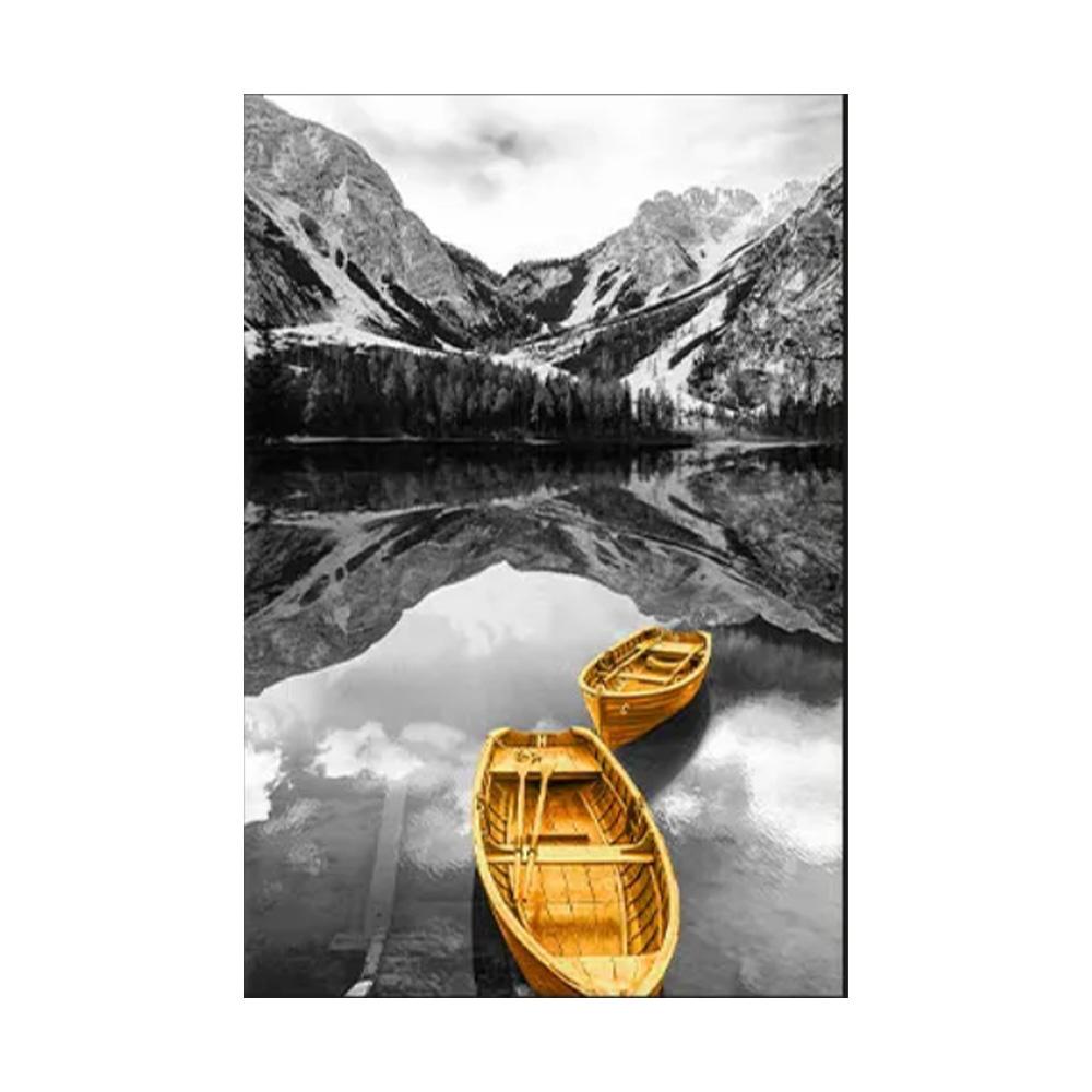 Yellow Boat On The Lake Landscape Canvas Prints Gold Wooden Bridge Mountain Abstract Wall Art Paintings For Home Decor