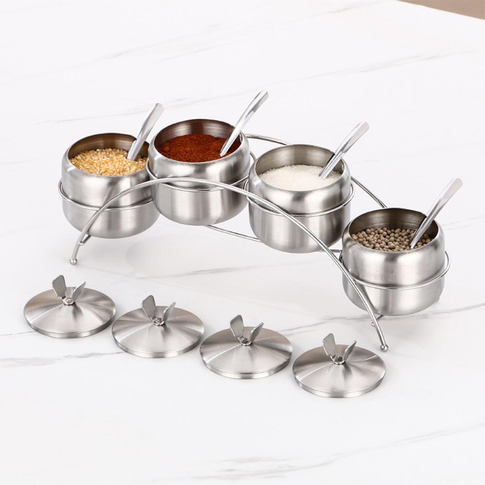 3/4Pcs with Lid Rotating Seasoning Jars Set 304 Stainless Steel Kitchen Spice Container  Gadget