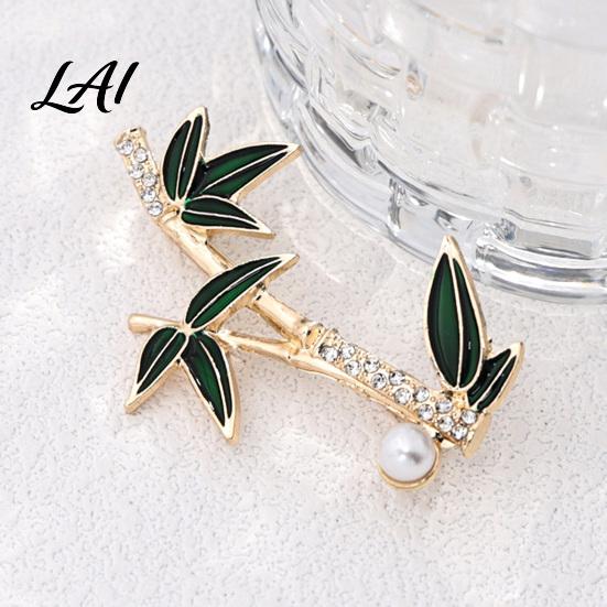 Green Leaf Bamboo Jewelry Alloy Rhinestone Brooch Enamel Lapel Collar Pin Men Chinese Style Decorative Accessory Women Accessories for Suit