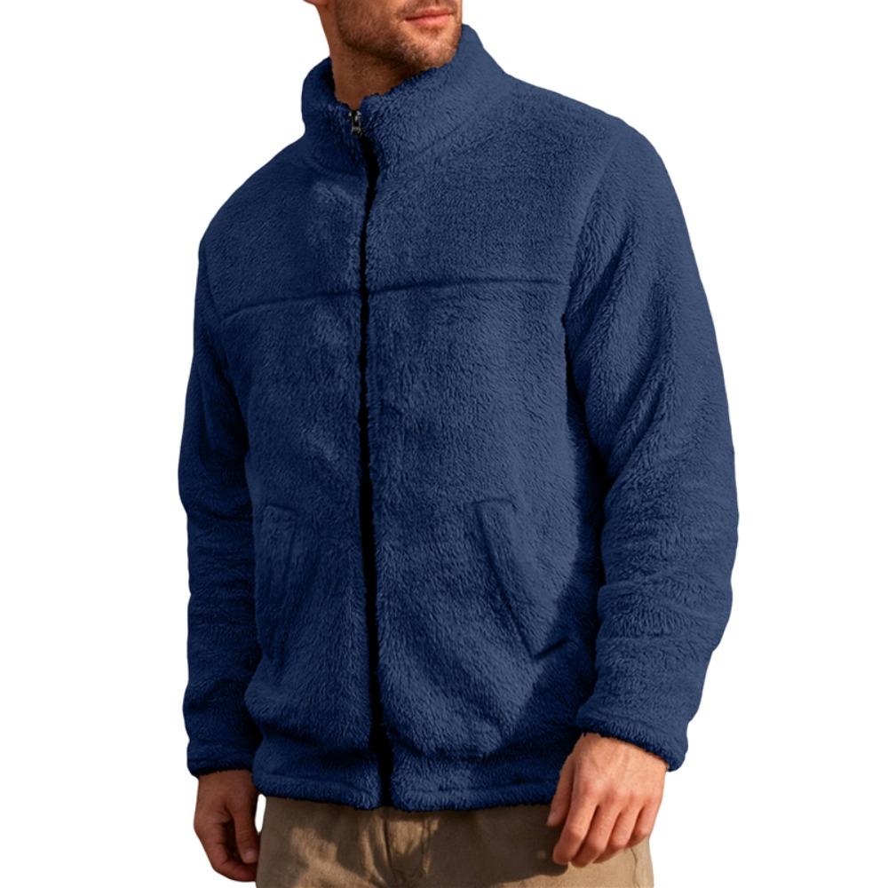 Herren Polarfleecejacke für Winter Einfarbig Stehkragen Langarm Reißverschlussfliege Mantel Lockere Passform Herren Oberbekleidung mit Taschen