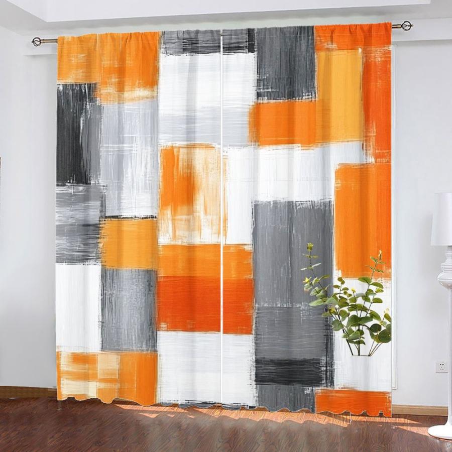 2PCS Digital Printed Curtains, Orange Gray Brushstroke Abstract Art, Modern Home Decor Style for Living Room Bedroom Decor