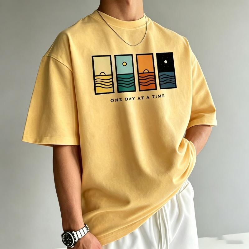 Unisexs TShirt Unisexs Round Neck Short Sleeved TShirt One Day At A Time Abstract Ocean Sunset Art Printed TShirt Casual Street