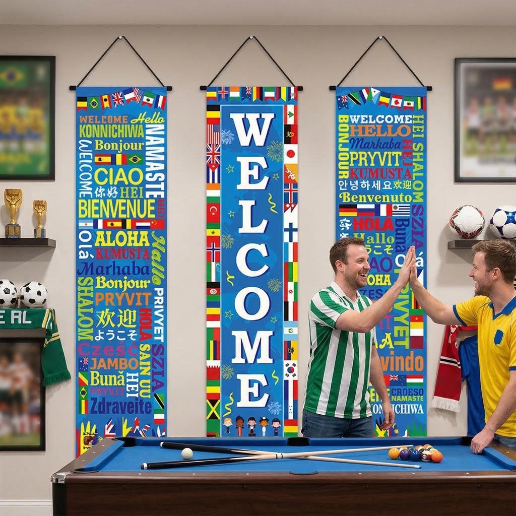 3PCS Soccer 2026 Hanging Porch Banner Soccer Sports Party Decorations for Porch Door Sports Events Home Decorations