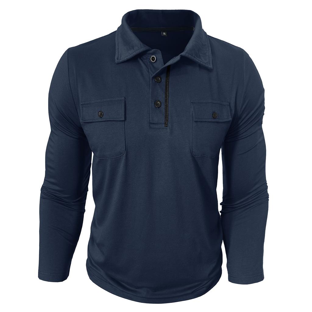 Spring Autumn Men's Long Sleeve Casual Polo Shirts Solid Lapel Button Up Pull On Polos Man