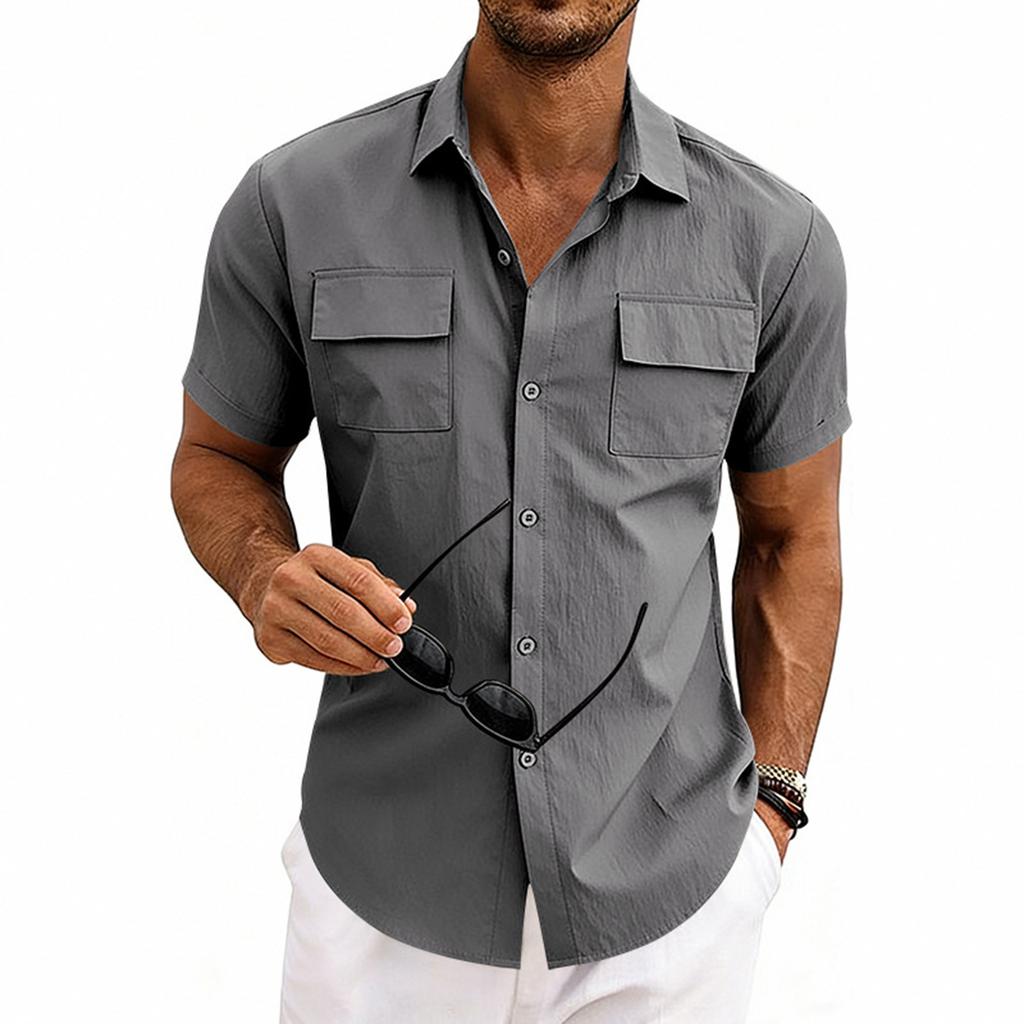 Camisa Casual Masculina de Manga Curta com Bolso e Colarinho