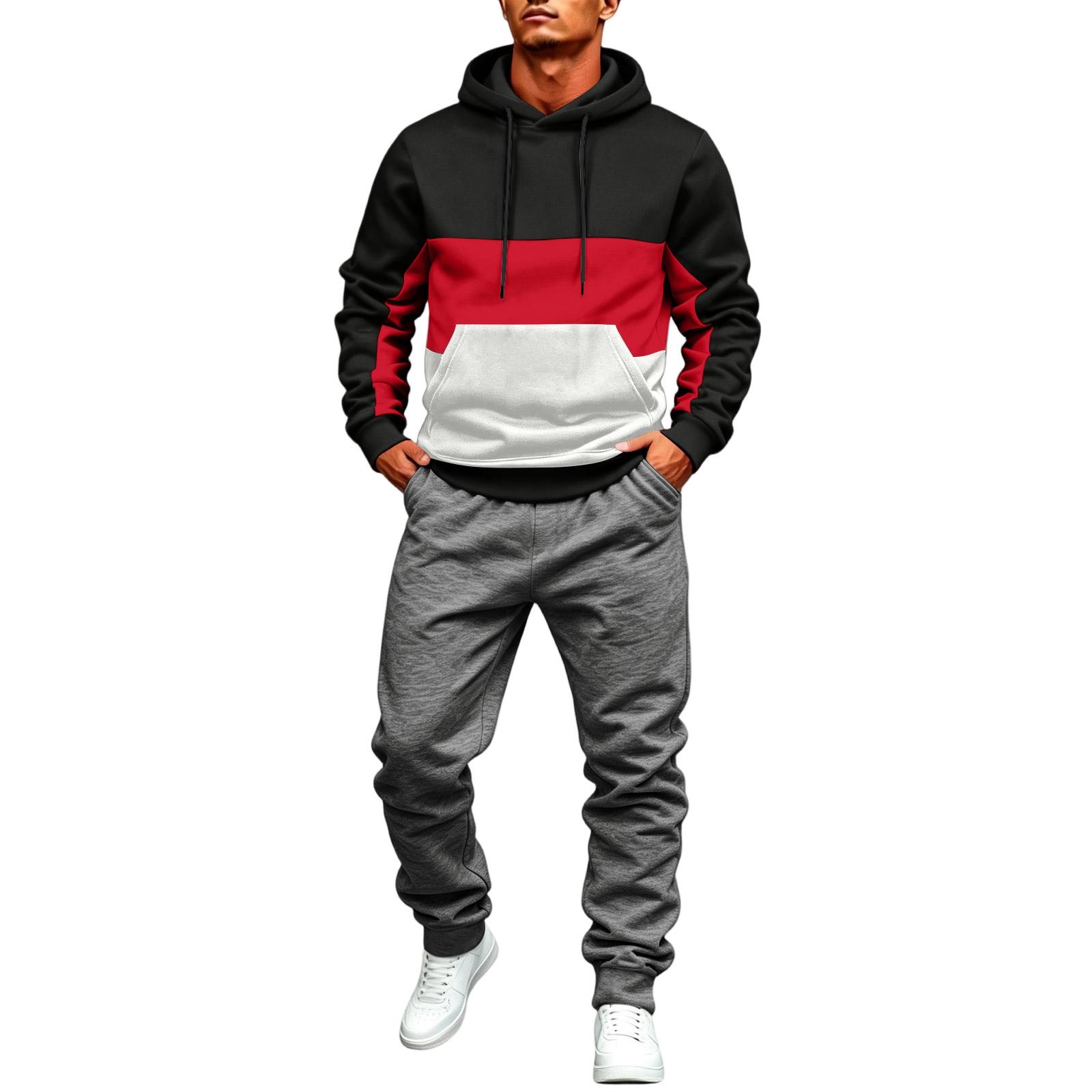 Men s Color Block Lined Hoodie Sweatshirt and Jogger Pants Set for Winter L