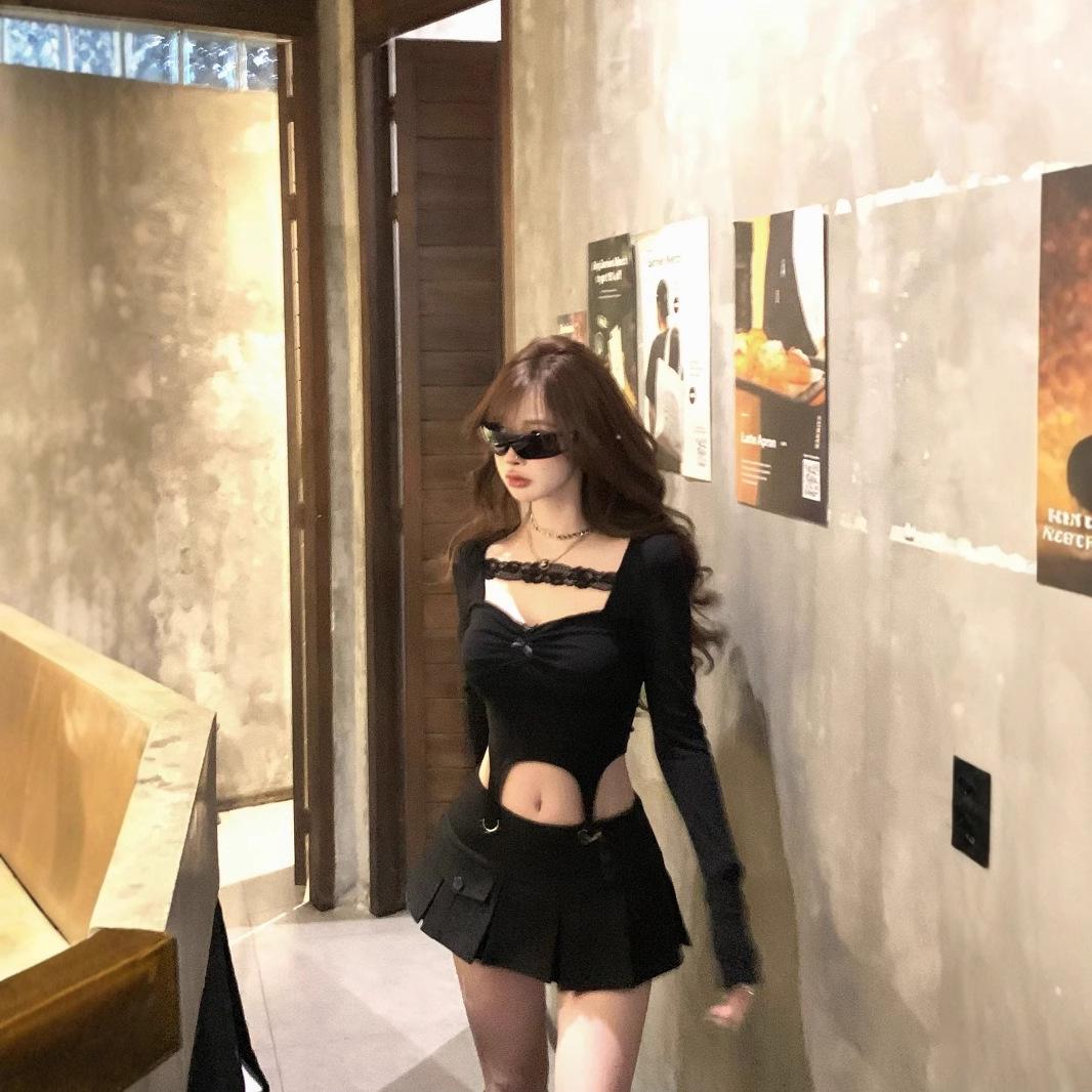 

Elegant Ruched Square Neck Long Sleeve Lace Top for Women - Spring/Summer L Premium чёрный