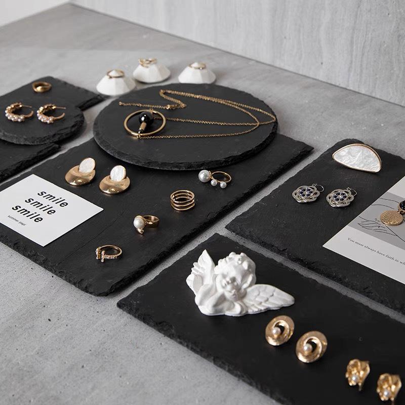 Small Black Natural Stone Jewelry Tray: Creative Background Ornament for Photography