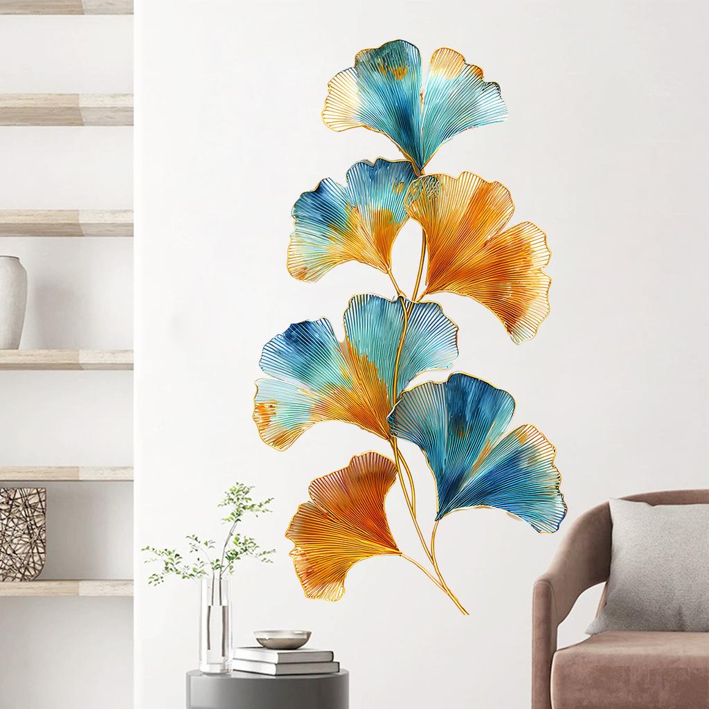 Colorful Ginkgo Leaves with Gold Foil Wall Sticker Self-Adhesive Removable for Living Room Bedroom Home Decor